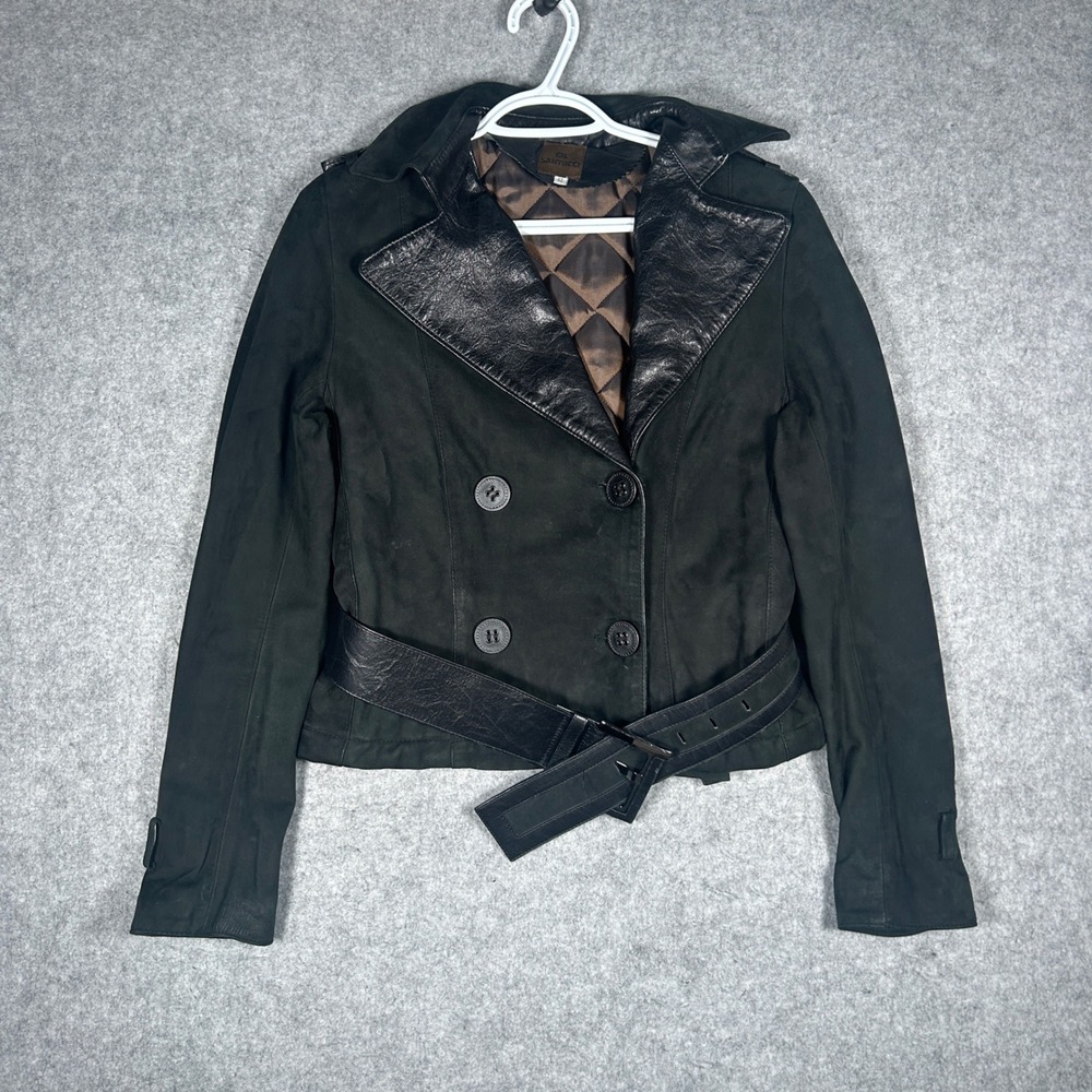 Gil Santucci Leather Jacket Womens 42 Black Suede Moto Biker Belted Italian